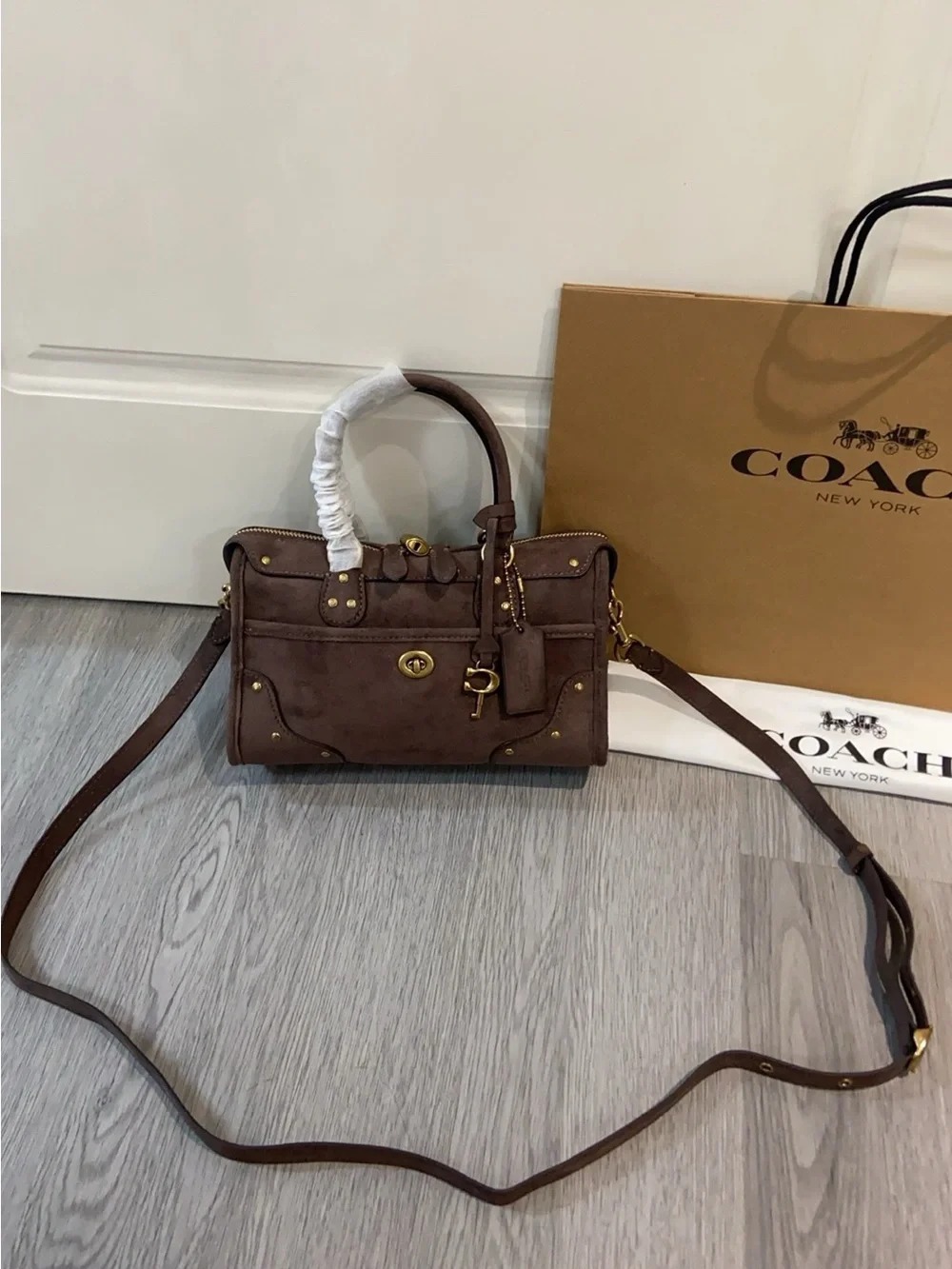 Coach Brown Suede Satchel with Gold Hardware